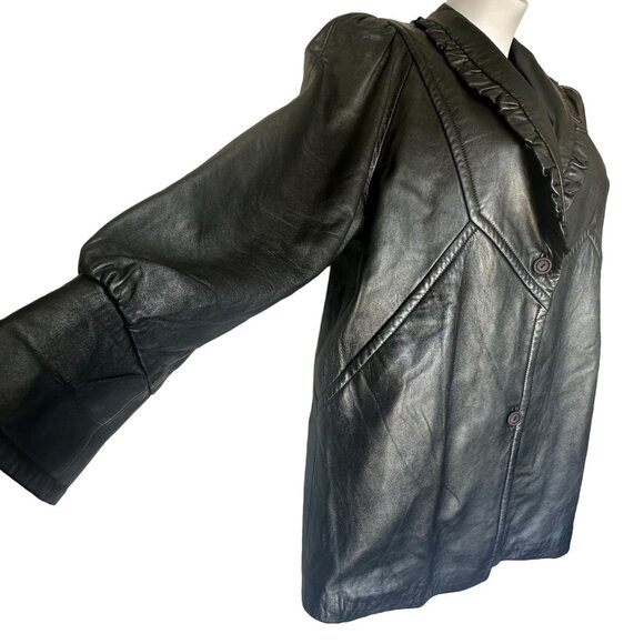 Vtg Lydia Creazioni By Ka Luk Gray Lamb Skin Leather Coat Size Ruffled Collar 1X - Picture 2 of 14